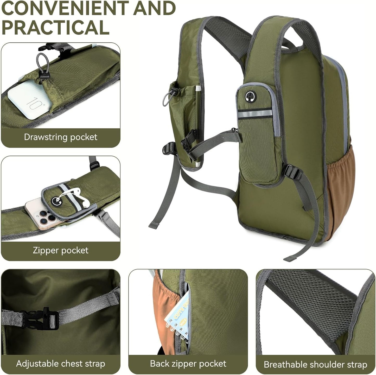 15L Small Hiking Backpack for Men Women Lightweight Packable Backpack Foldable Casual Daypack for Camping Travel Outdoor, Green