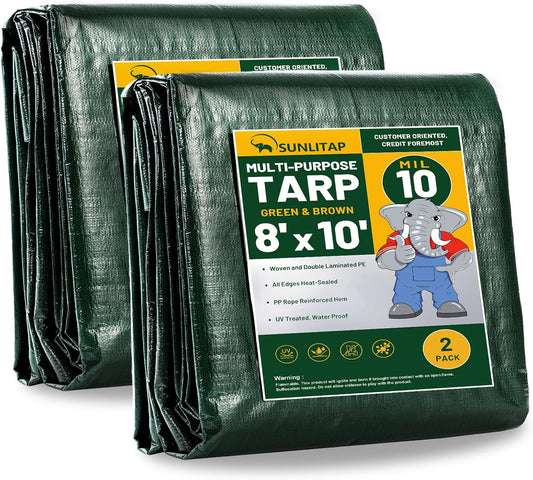 10 Mil Heavy Duty Waterproof Tarps, 8x10 Ft Finished Size Tarps, Premium Tarp with Metal Grommets & Reinforced Edge, Multipurpose Thick Tarp for Car, Boat, Roof, Camping - 2 Pack, Green