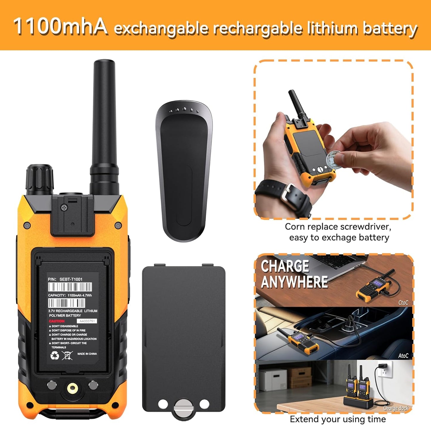 KETELESE T4 Heavy Duty Walkie Talkies, IP67 Waterproof FRS 2 Way Radio Long Range, USB-C Rechargable, with Earpiece, VOX, NOAA, Weather Alert, Dual PTT, One-Key Group Call, Dock, 2 Pack