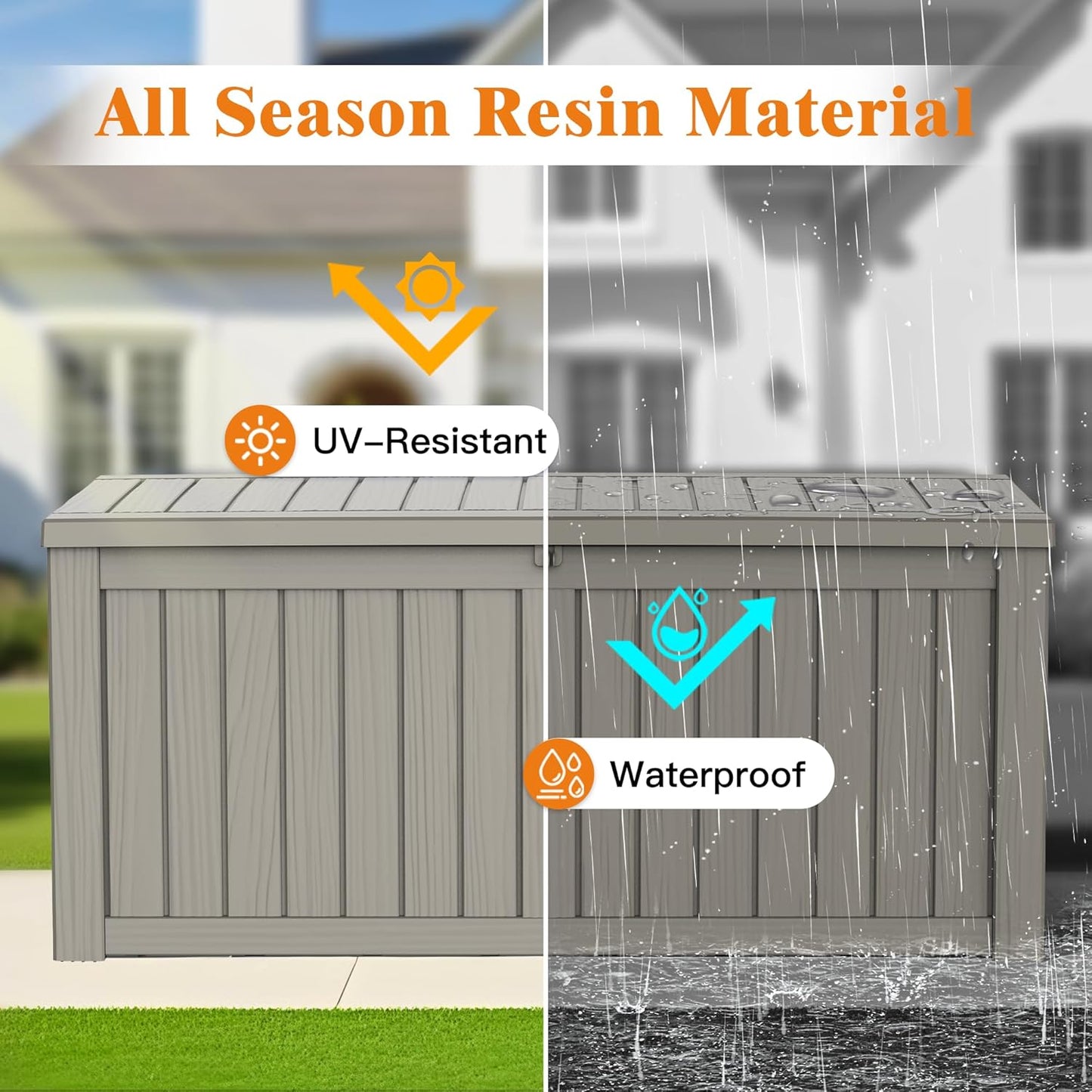 119 Gallon Outdoor Storage Box, Waterproof Deck Box with Handles and Lockable Lid, Resin Patio Storage Box with Hydraulic Rods for Garden Tools, Cushions, Grey