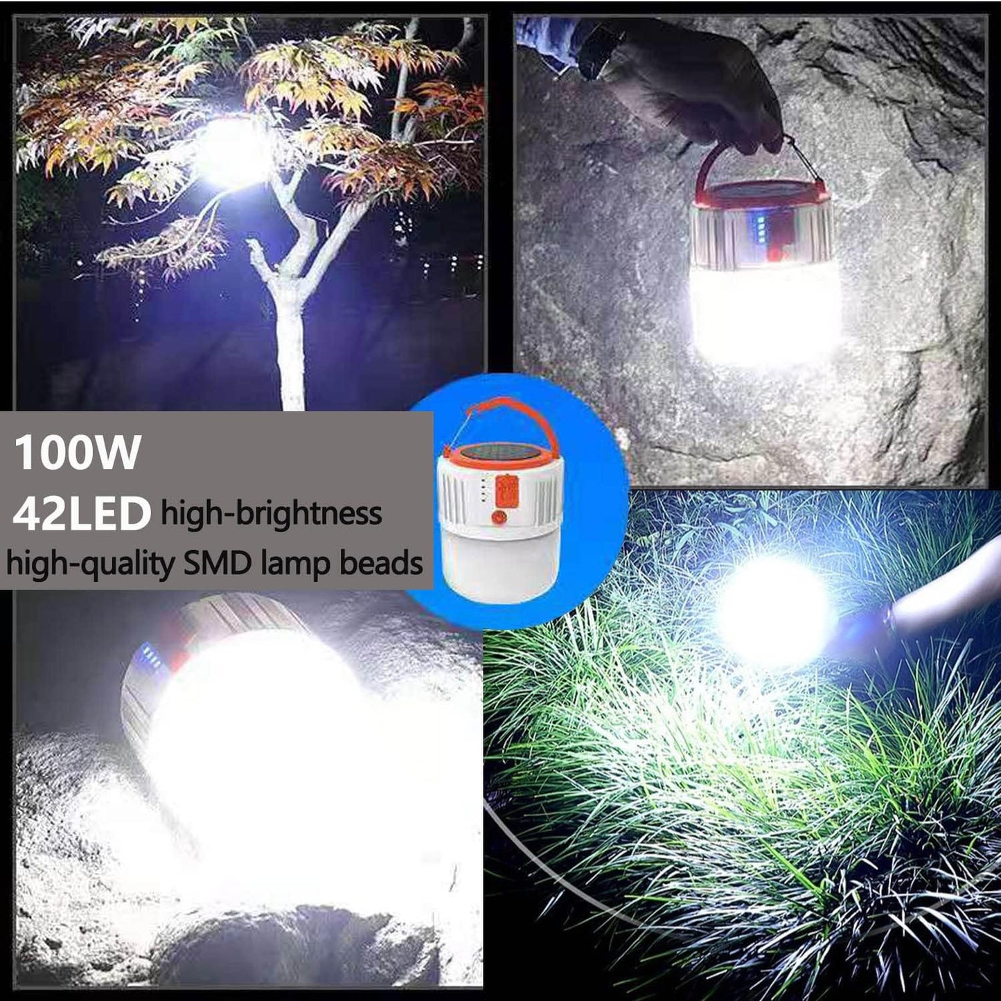 100W Solar Camping Lights Portable Rechargeable Lantern Hooked Hanging Tent Lamp Remote Battery Bulbs Outdoor 5000mah 5 Modes Waterproof for Power Outages Canopy Vendors Gathering Emergency 2 Pack
