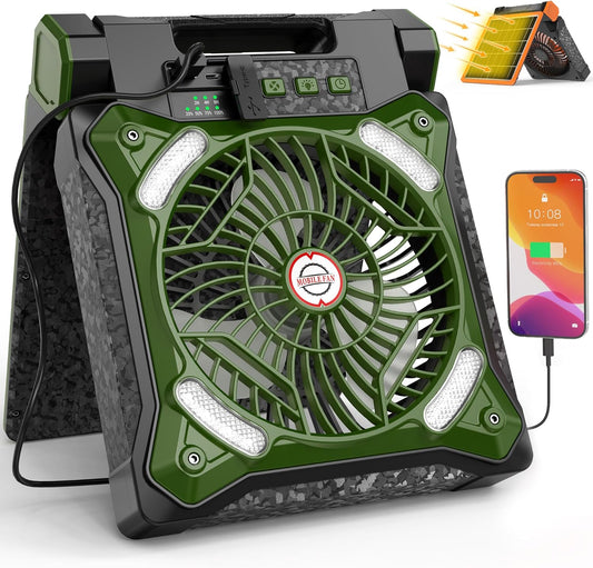 KITWLEMEN Upgraded Solar Camping Fan with Lantern - Rechargeable Battery Operated Fan, 36H Run Time Max, 4 Speeds, 8H Timer, 90° Adjustable Portable Desk Fan for Hurricane, Power Outage, Outdoor Use