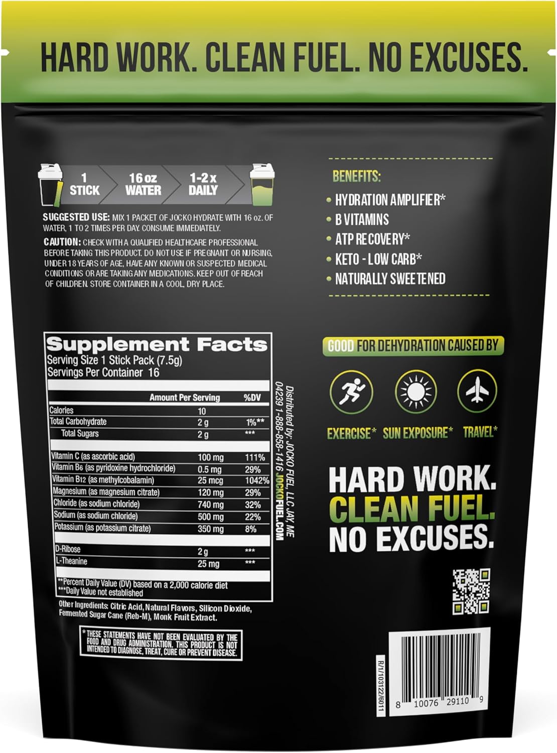 Jocko Fuel Packets Low Sugar - Hydration Amplifier Packets for Recovery, Dehydration, & Exercise - with Vitamins B6, B12 & C (16 Packets) Lemon Lime