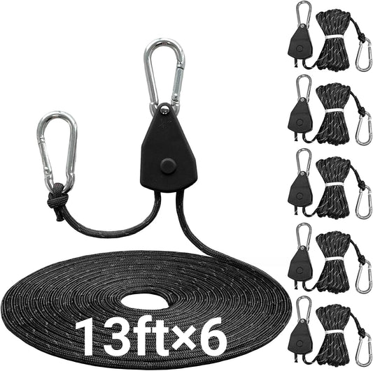 13ft Adjustable Outdoor Windproof Rope Ratchet Strap Tie Down Straps Small Mini Reflctive Paracord Rope Tent Hanger Grow Light Kayak 5/32" Black 6 Pack