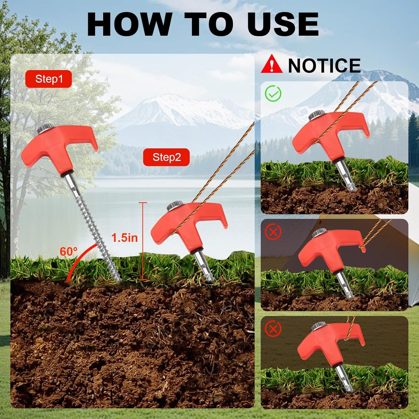 12 Pcs Tent Stakes Heavy Duty, 8 inch Ground Anchors Screw in, Screw in Tent Stakes, Camping Stakes with Storage Box, Threaded Tent Spikes with Hex Head Driver and Stake Puller, Ground Stakes