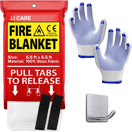 JJ CARE Fire Blanket – (X-Large) 6.5x6.5ft w/Hooks & Gloves, Emergency Fire Blanket for Home & Kitchen, High Heat Resistant Fire Suppression Blankets for Home Safety, Kitchen, Camping