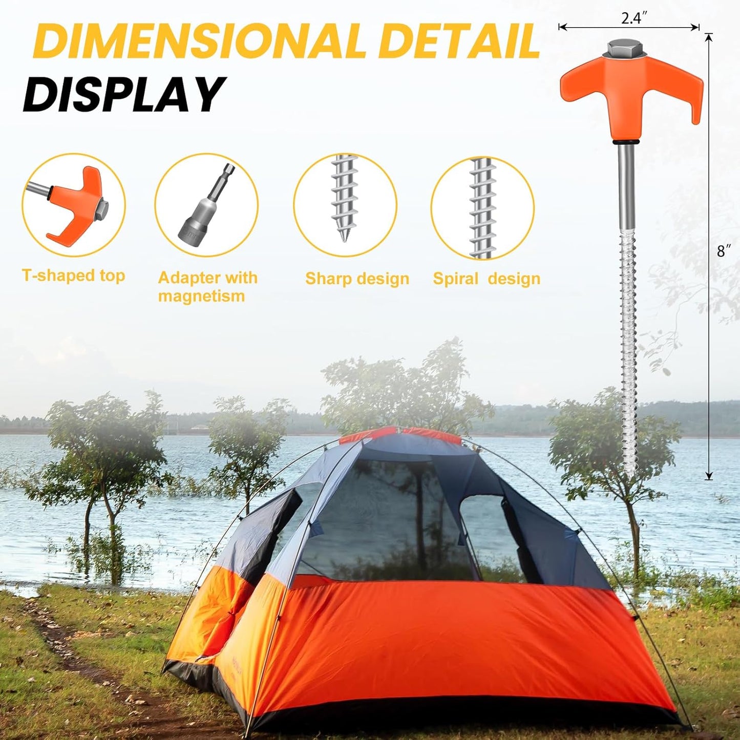 12 Pack 8" Screw in Tent Stakes Heavy Duty- Ground Anchors Screw- Tent Pegs Camping Stakes- Hex Pegs Drillable Tent Stakes and Hexagon Head Drive and Storage Box (Orange)