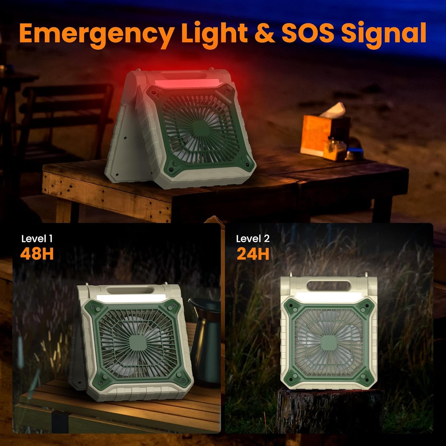 KITWLEMEN 10.2 Inch Solar Camping Fan with Light- Rechargeable Battery Operated Fan, 38H Run Time, 3 Speed, 6H Timer, SOS Signal, Portable Desk Fan for Camping Fishing RV Trips Hurricane Power Outage