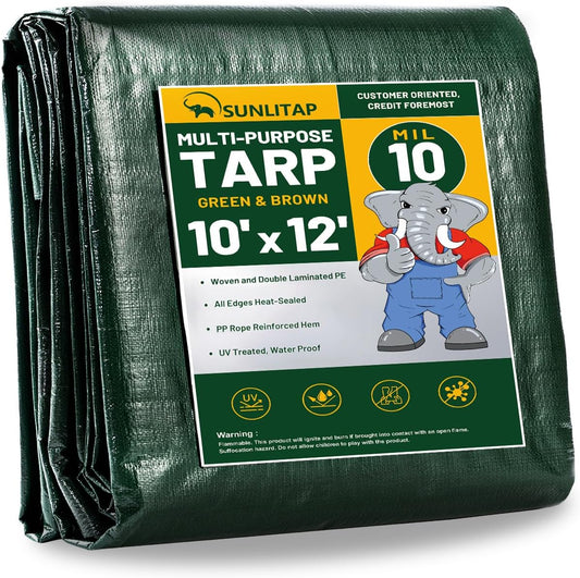 10 Mil Heavy Duty Waterproof Tarps, 10x12 Ft Finished Size Tarps, Premium Tarp with Metal Grommets & Reinforced Edge, Multipurpose Thick Poly Tarp for Car, Boat, Roof, Camping - Green