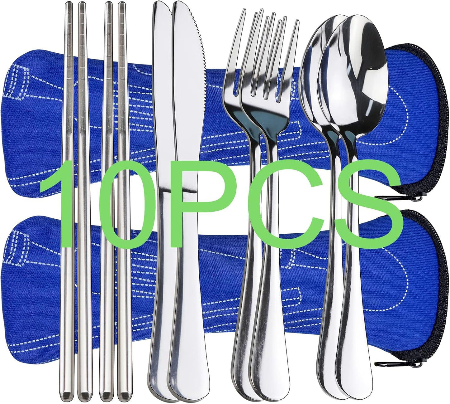 10PCS Portable Silverware Set with Case, Lengnoyp Travel Camping Utensils Set, Premium Stainless Steel Travel Cutlery Set, Reusable Safe Flatware Sets for Lunch Box/Workplace/Students, Silver