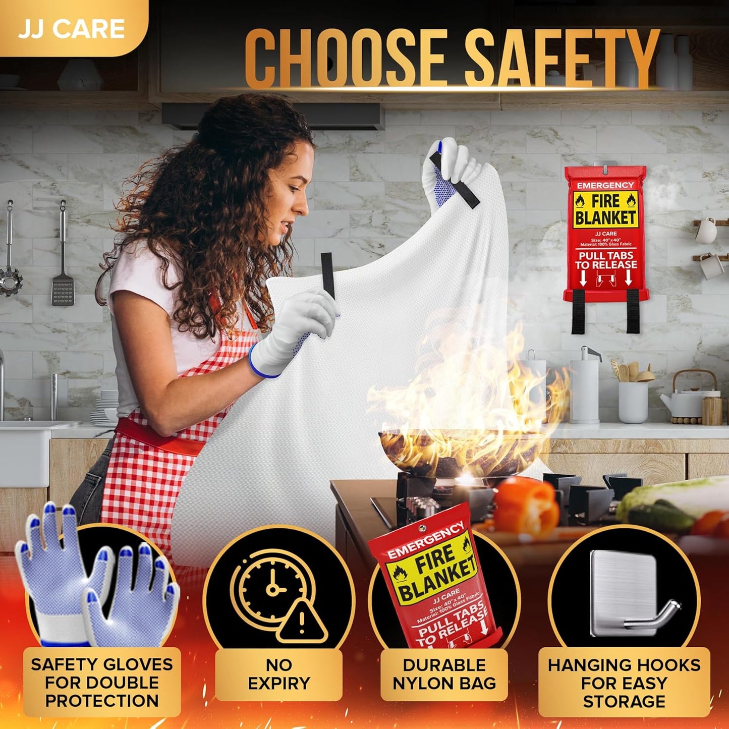 JJ CARE Fire Blanket – 5 Packs with Hooks and Gloves – Emergency Fire Blanket for Home & Kitchen, High Heat Resistant Fire Suppression Blankets for Home Safety, Kitchen, and Camping