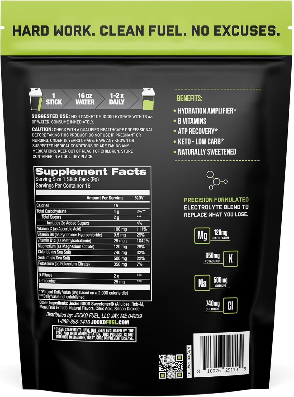Jocko Fuel Packets Low Sugar - Hydration Amplifier Packets for Recovery, Dehydration, & Exercise - with Vitamins B6, B12 & C (16 Packets) Lemon Lime