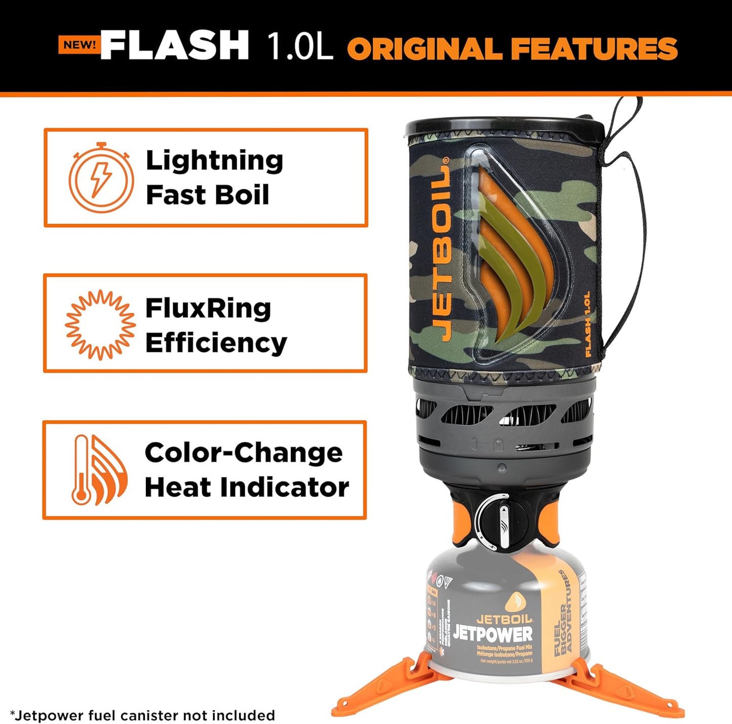 Jetboil Flash 1.0L Portable Fast Boil Stove for Camping and Backpacking with 1-Step Auto Ignition, New for 2025, Propane/Isobutane Burner with Cooking Cup