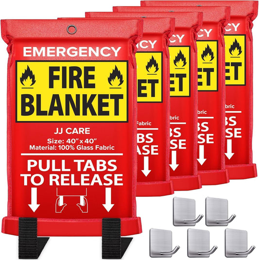 JJ CARE Fire Blanket – 5 Packs with Hooks – 40” x 40” Fire Blankets Emergency for Home and Kitchen, High Heat Resistant and Flame Protection for Kitchen, Car, Office, Camping & Home Safety