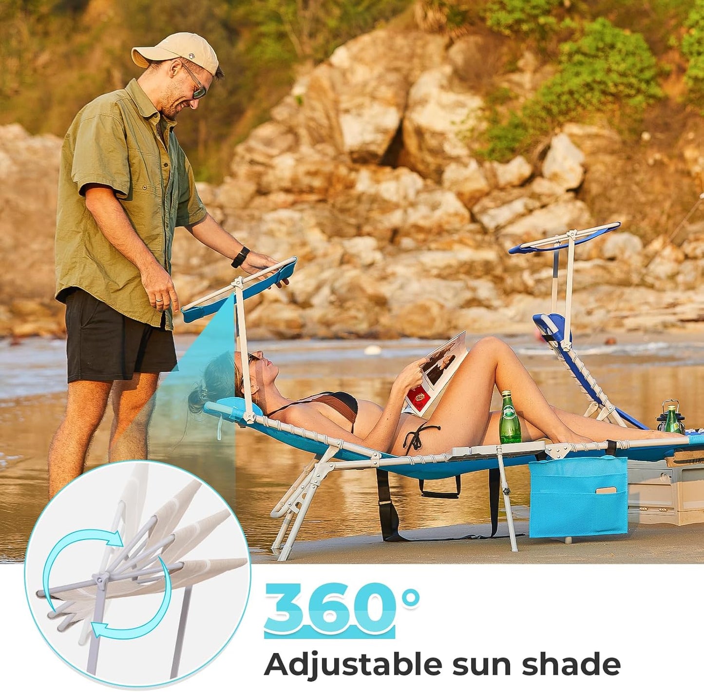 #WEJOY 4 in 1 Tanning Chair with Face Hole & Canopy & Side Table, 5 Positions Adjustable Folding Waterproof Facedown Chaise Lounge with Pillow Quick Dry for Beach Pool Outdoor Camping Patio (Khaki)