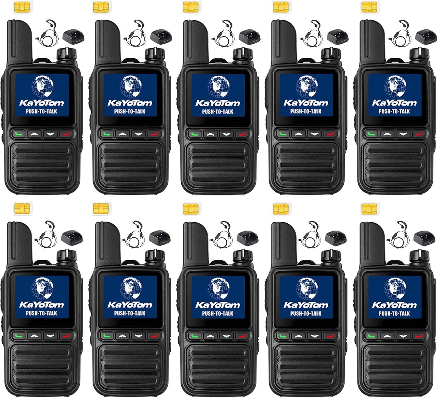 KAYOTOM Global Walkie Talkies Unlimited Range PTT Push-to-Talk Over Cellular Nationwide 5000 Miles POC 4G Handheld Long Range Two Way Radio for Team (with Charging Dock & Earphones, 10-Packs)