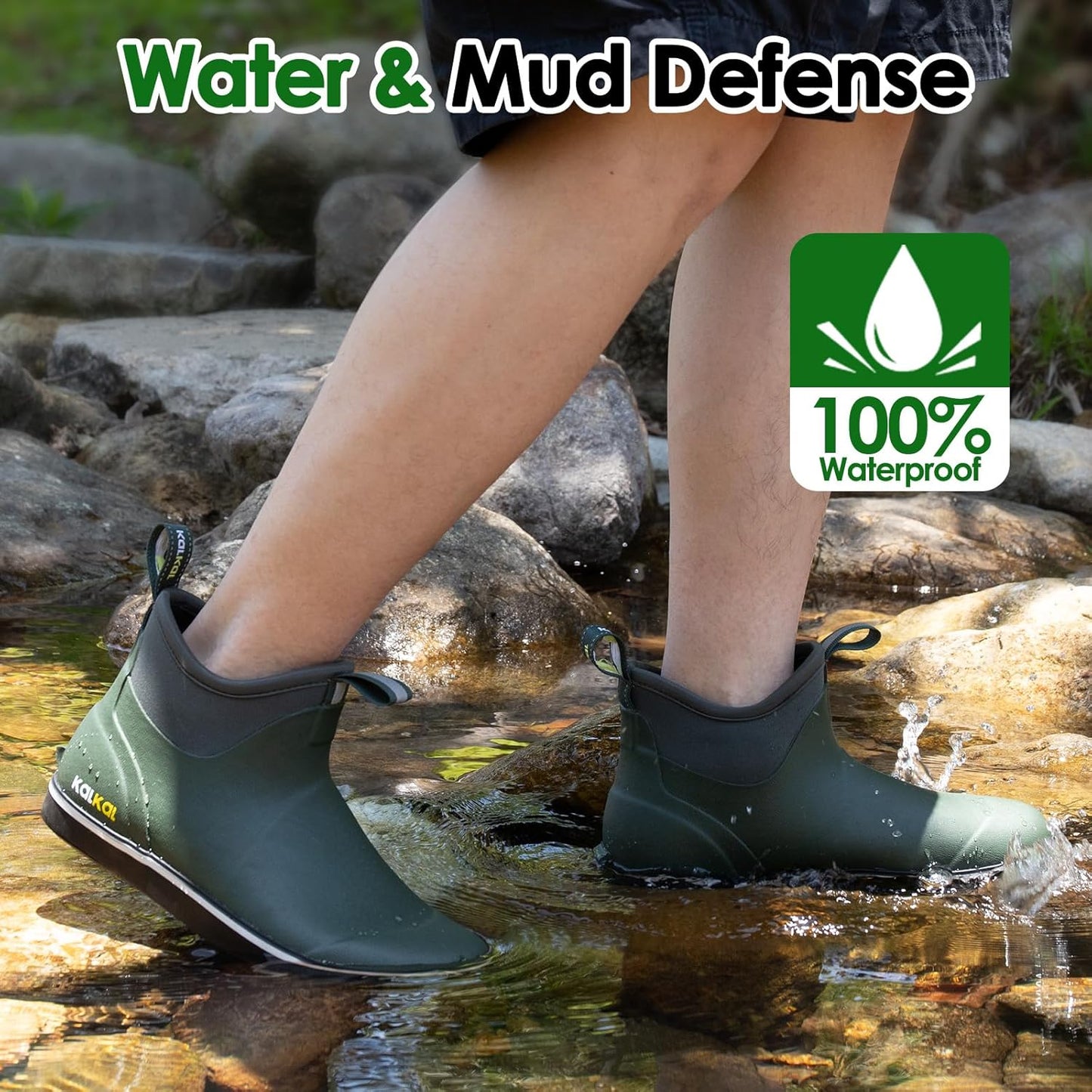 Kalkal Men's Deck Boots, Waterproof Fishing Rain Boots with High Traction, Men's Rubber Boots For Gardening Fishing Boating Camping Sailing