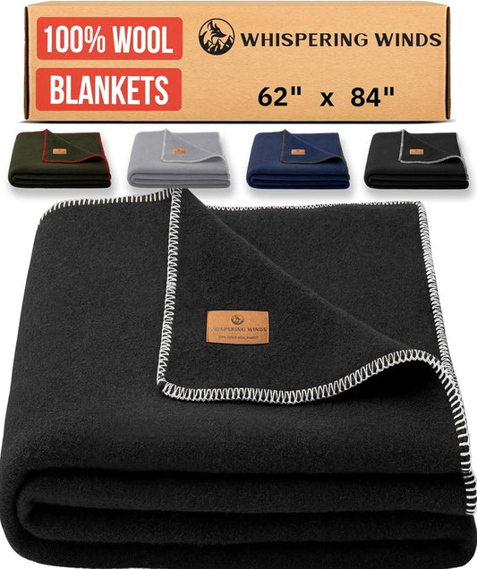 100% Wool Blanket - Premium Ultra-Soft, Thick, Warm, Large 62"x 84" Bed & Camping Blanket for Outdoor, Home, Indoor, Bushcraft & Survival