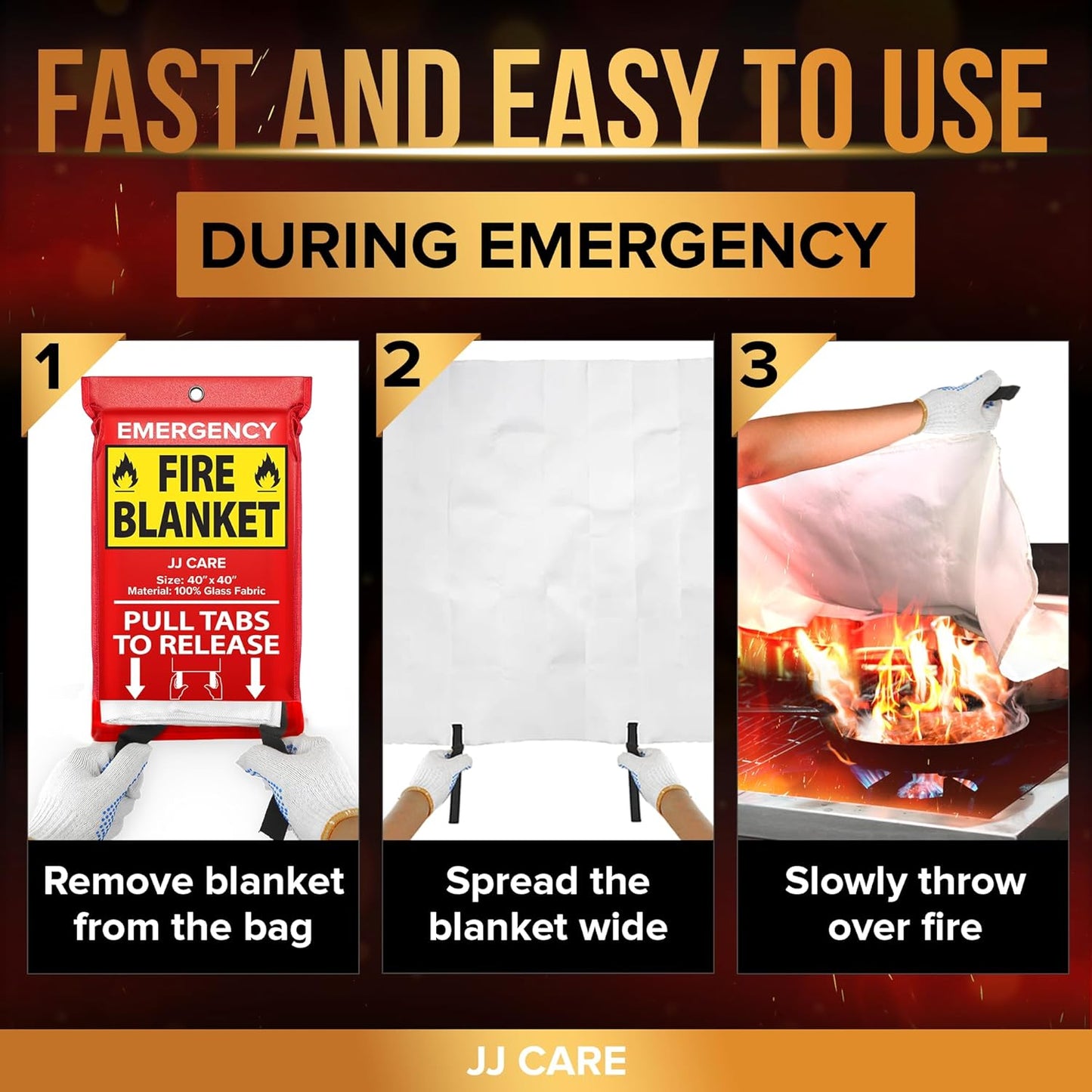JJ CARE Fire Blanket – (X-Large) 6.5x6.5ft w/Hooks & Gloves, Emergency Fire Blanket for Home & Kitchen, High Heat Resistant Fire Suppression Blankets for Home Safety, Kitchen, Camping