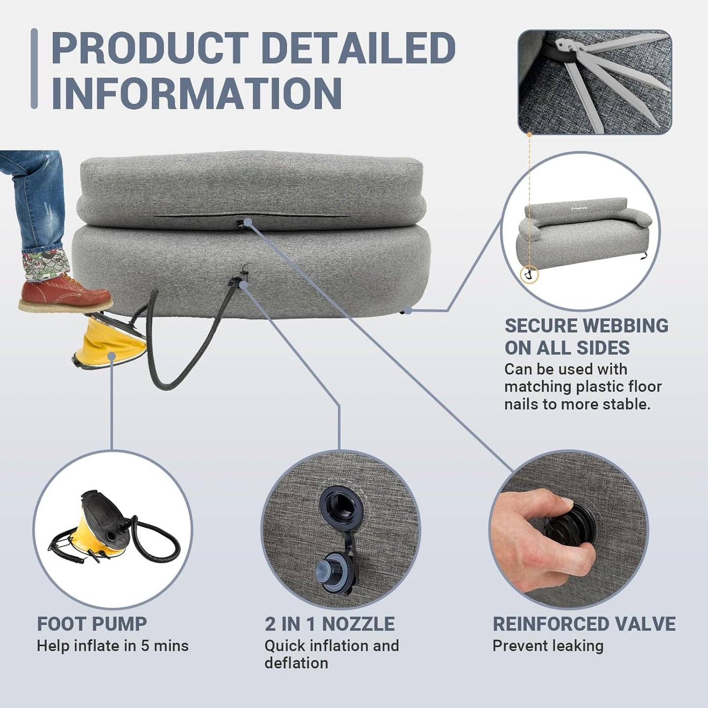 KingCamp Double Inflatable Couch for Camping, Portable Foldable Eco-Friendly Reach-Certified PVC Liner Air Lounger 2-Person Blow Up Sofa with Foot Pump, Pegs, Repair Kit & Removable Cover