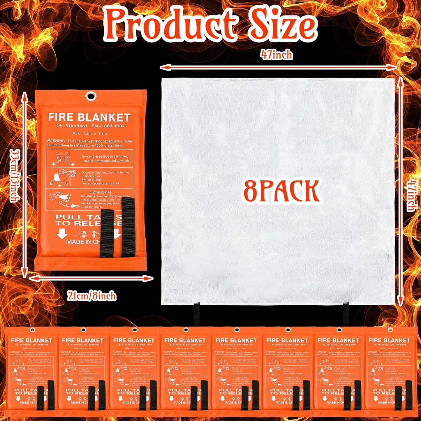 Jerify 8 Pack Fire Blanket for Home Emergency Fire Blanket 47 x 47 Inch Kitchen Fire Suppression Blanket Fiberglass Fire Blanket Flame Retardant Protection and Heat Insulation (Orange)