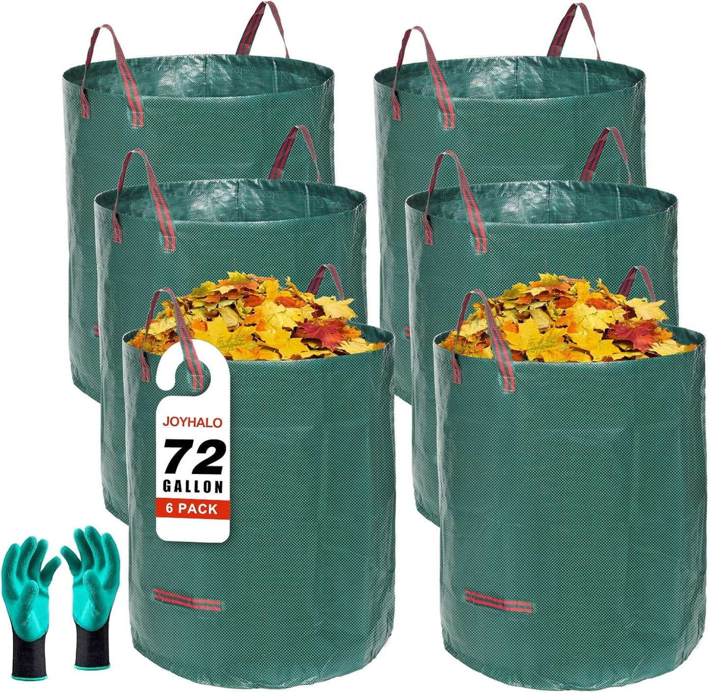 Joyhalo Reusable Yard Waste Bags - 72 Gallon, 6 Pack, Heavy Duty with Gardening Gloves & 4 Handles, Standable, Camping & Recycling