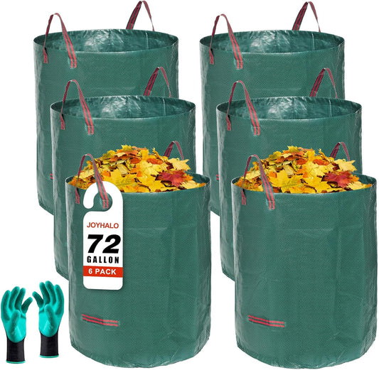 Joyhalo Reusable Yard Waste Bags - 72 Gallon, 6 Pack, Heavy Duty with Gardening Gloves & 4 Handles, Standable, Camping & Recycling