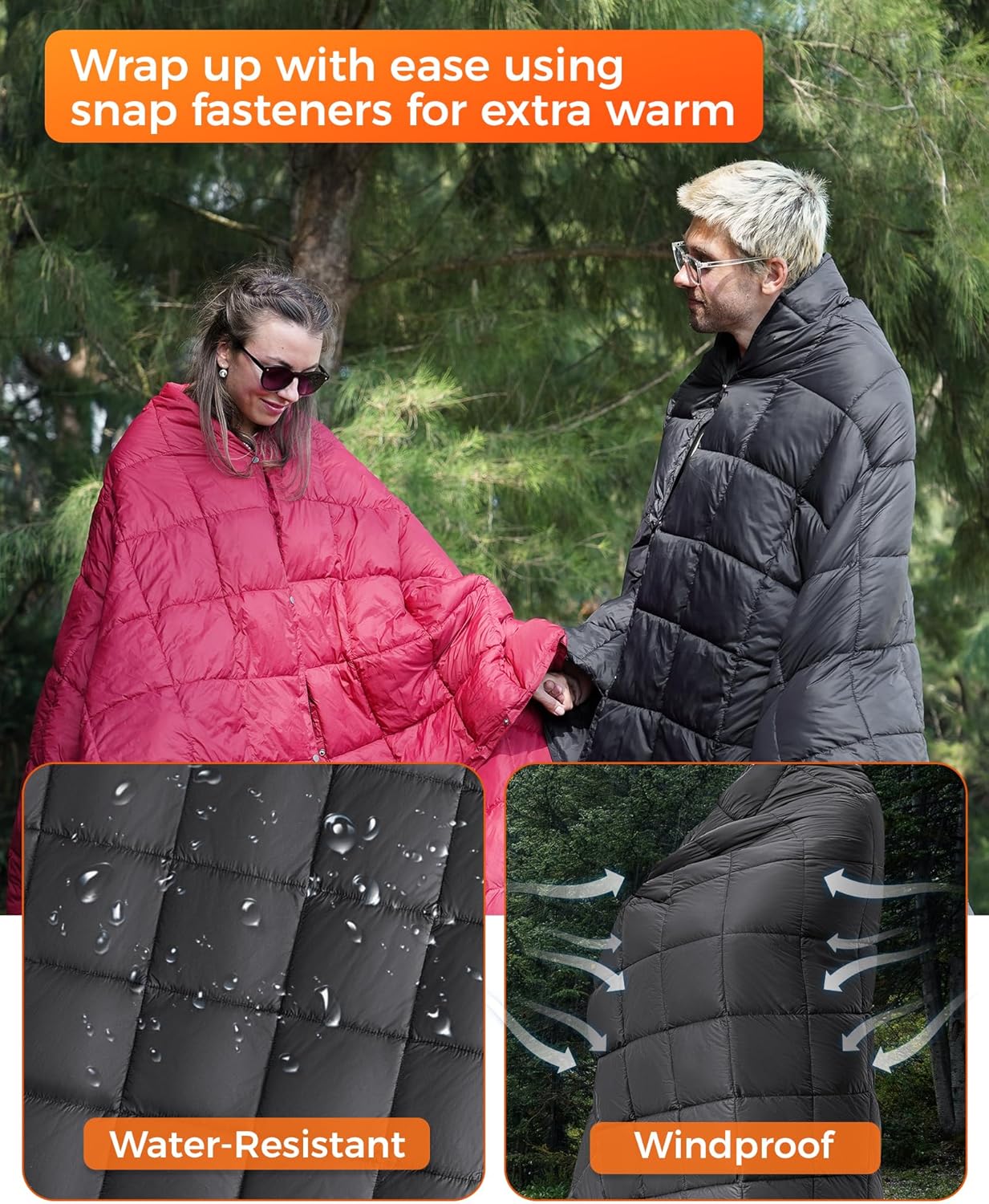 KingCamp Ultralight Camping Blanket, Packable Down Alternative Puffy Wearable Blankets Weatherproof Warm Package Quilt with Snap Buttons for Outdoor Hiking Travel Picnic Stadium (79" x 57", BLACK)