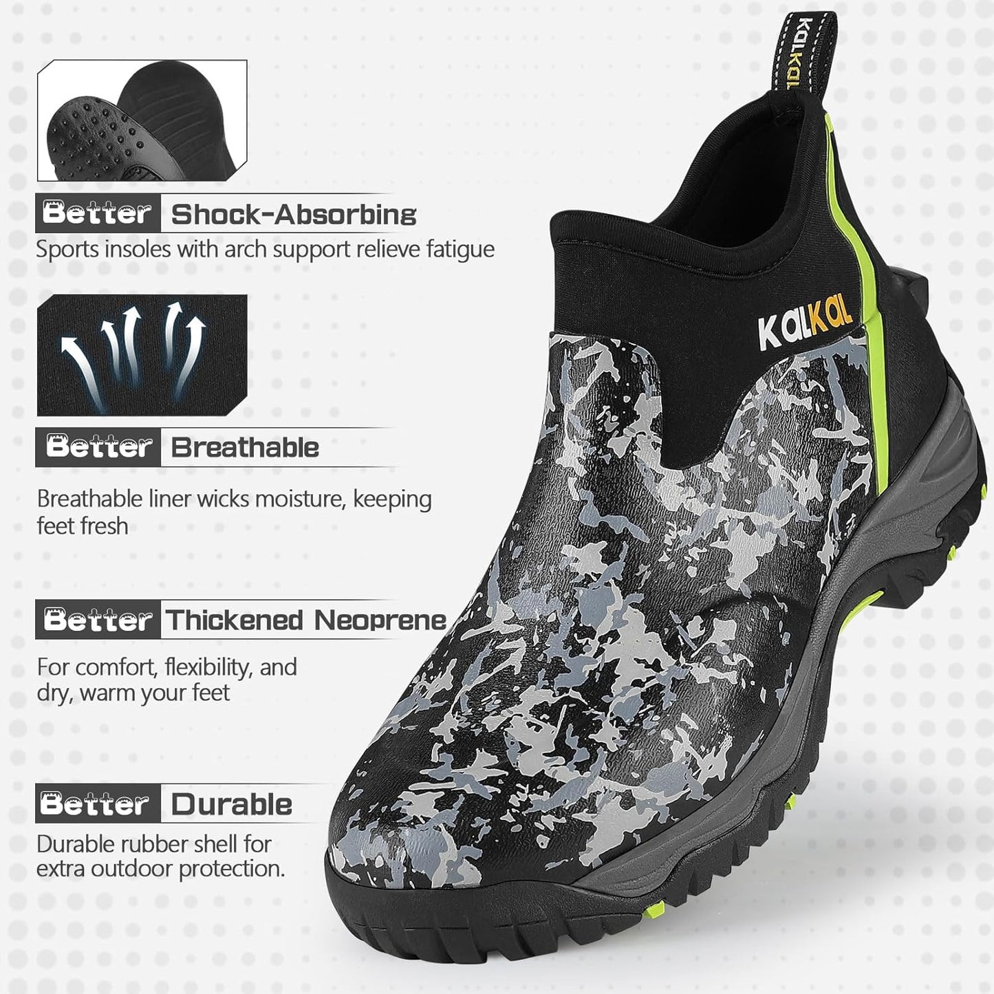 Kalkal Men's Rubber Boots, Waterproof Ankle Rain Boots, Insulated Working Booties with Comfortable Sports Sole, Outdoor Mud Boots for Yard Chore