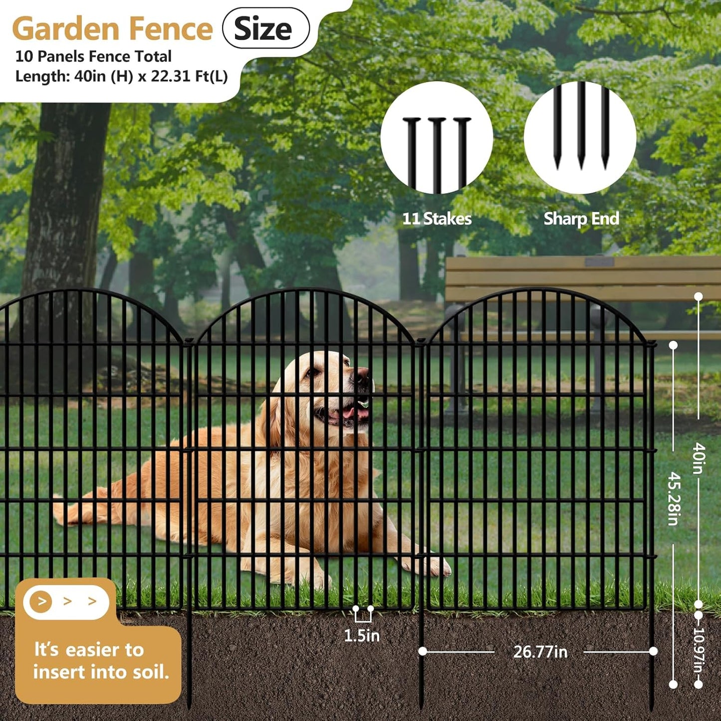 10 Panels Decorative Garden Fence, 40in (H) X 22.31ft (L) No Dig Dog Fences Outdoor for Yard, Rustproof Tall Metal Fencing Panels, Animal Barrier Suitable for Yards Border, Patio, and Outdoor Use