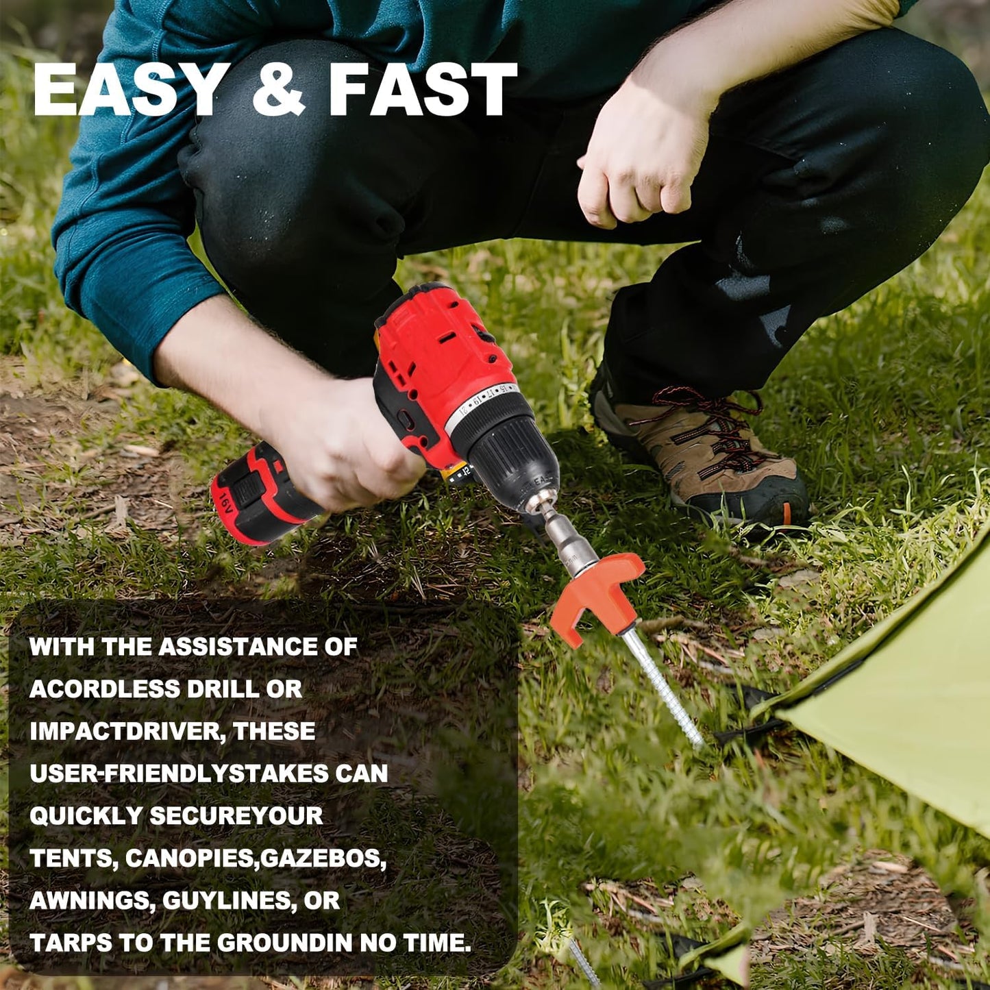 16 Pack Screw in Tent Stakes Heavy Duty,8 Inch Ground Anchors Screw in,Metal Stakes with Hex Head Driver,Camping Tent Accessories.(Orange)