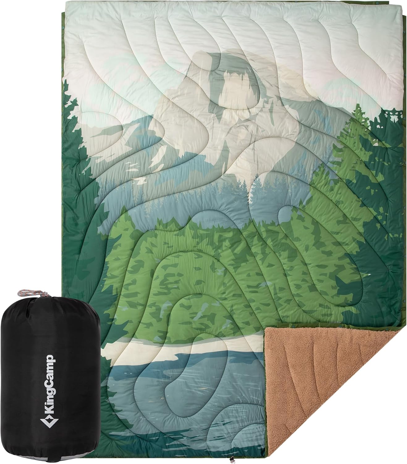 KingCamp Large Camping Blanket with Sherpa Lining, Packable Down Alternative Puffy Printed Wearable Blanket with Snap Buttons, Warm Weatherproof Quilt for Outdoor Travel (79" L x 57" W, Green)