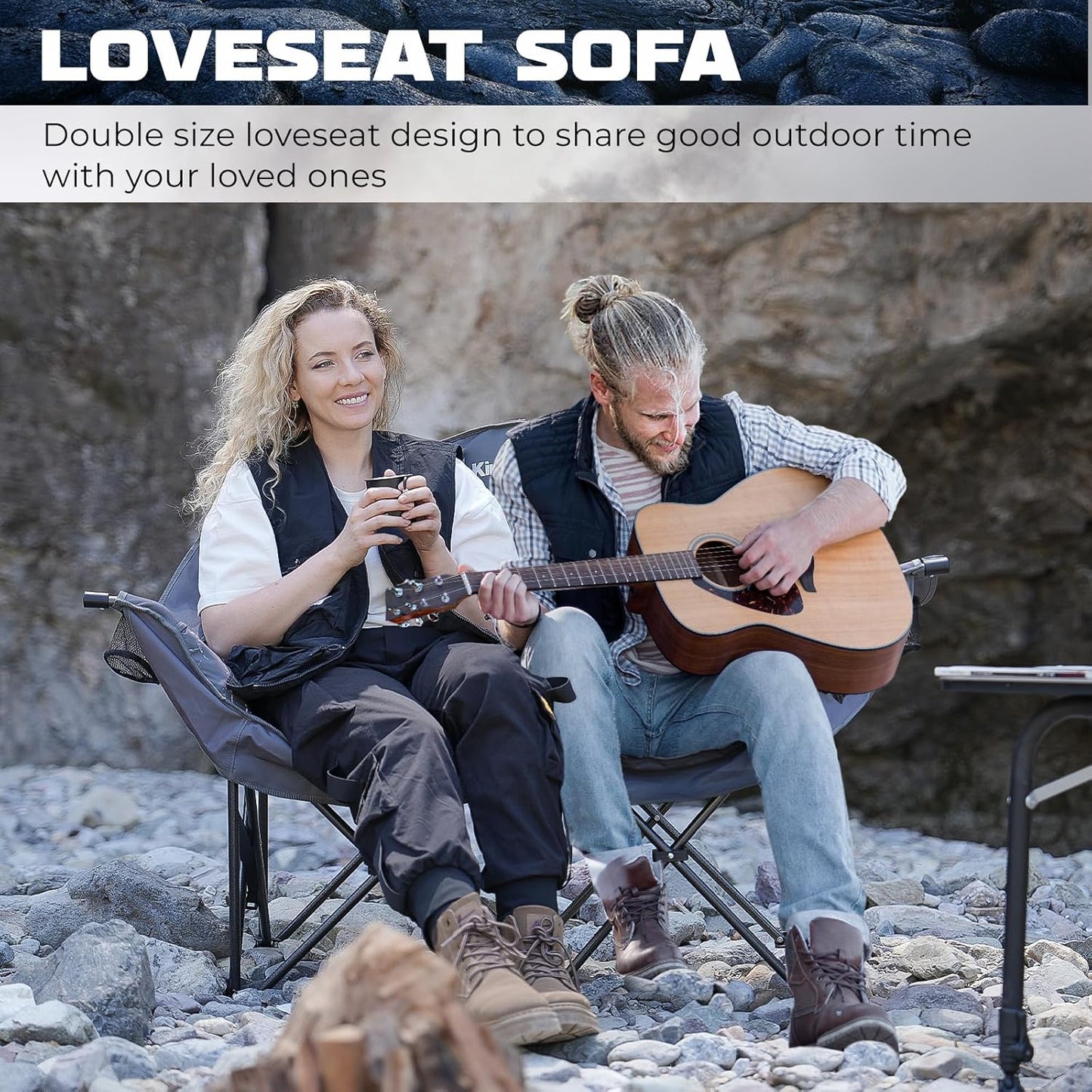 KingCamp Double Camping Chair, Oversized 660lbs Heavy Duty Padded Loveseat for Adults Portable Folding XL 2 Person Couch Comfortable Two Seat for Outdoor Lawn Backyard (Dual-Density Padding