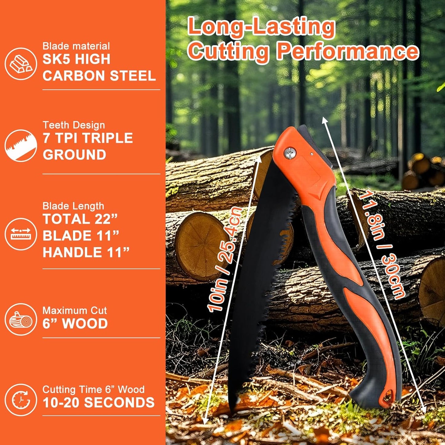 10 Inch Heavy Duty Folding Pruning Saw, SK5 Curved Blade with Triple-Cut Razor Teeth, Hand Saw for Tree Cutting, Camping, Gardening, Hiking, Landscaping & Branch Trimming