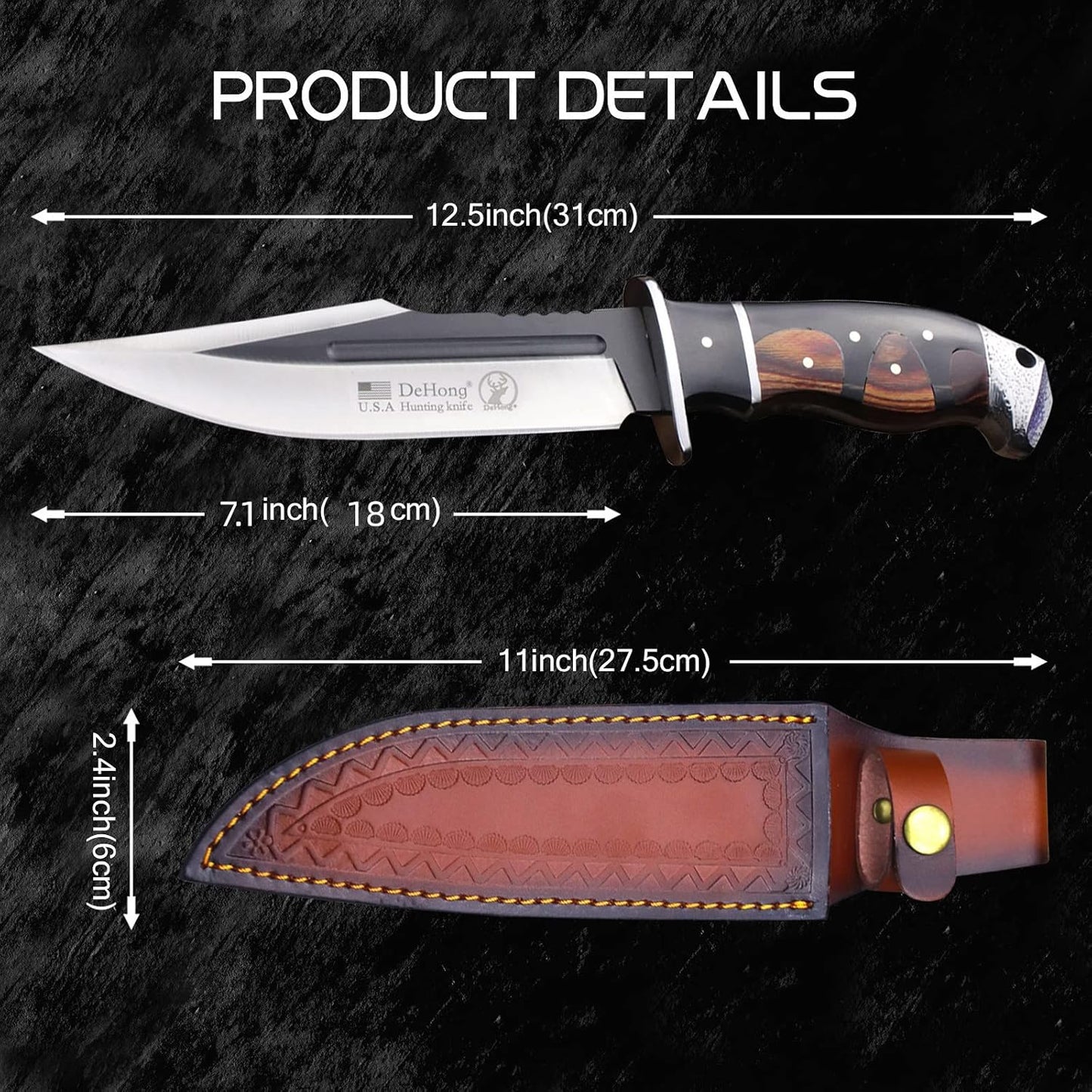 (DeHong-88 Hunting Knife, 7.1" (about 18 cm) Fixed Blade Tactical knife ，Configure leather scabbard,Camping, survival， Slicing, Boning, Gift Collection