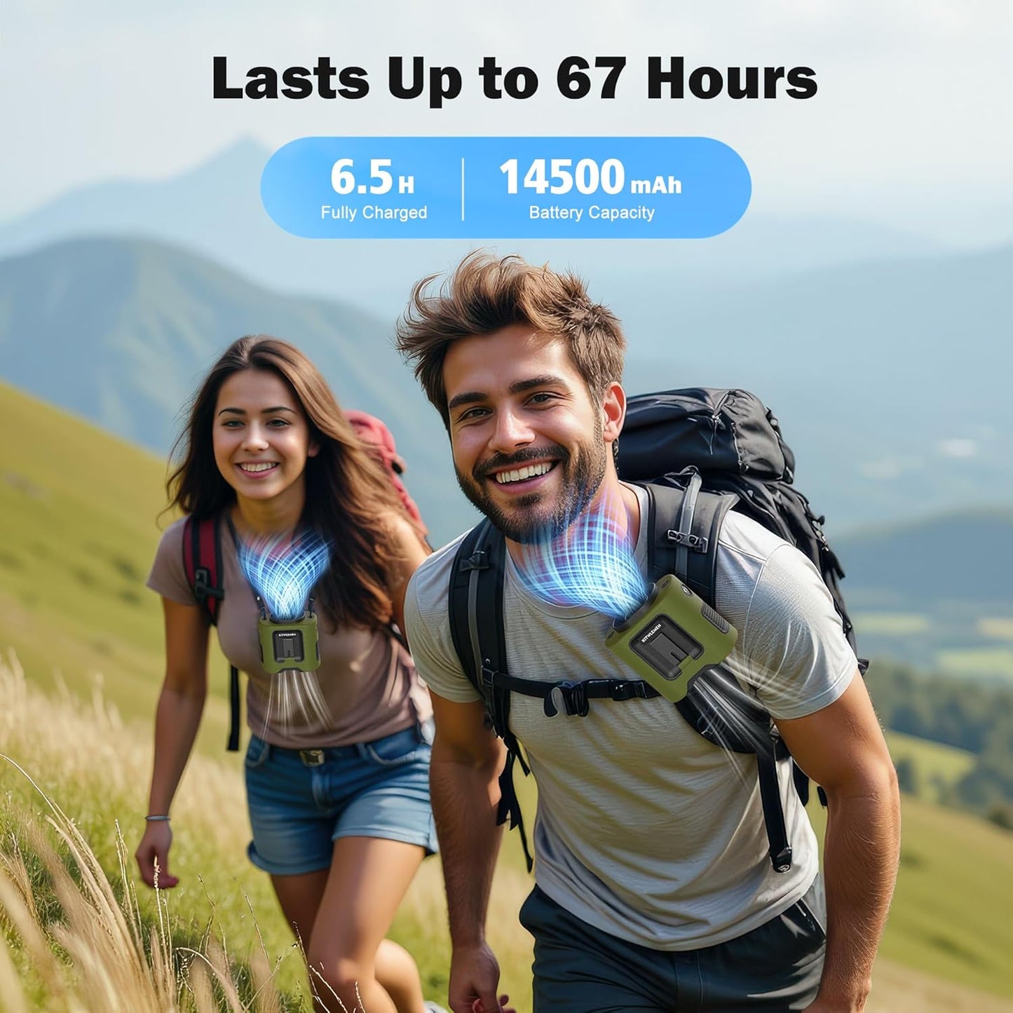 KITWLEMEN 14500mAh Portable Waist Fan - Personal Clip on Belt Fan, 5 Speed 67H Cooling, Rechargeable Battery Operated, Wearable with Lanyard & Light for Camping, Travel, Jobsite (Green)