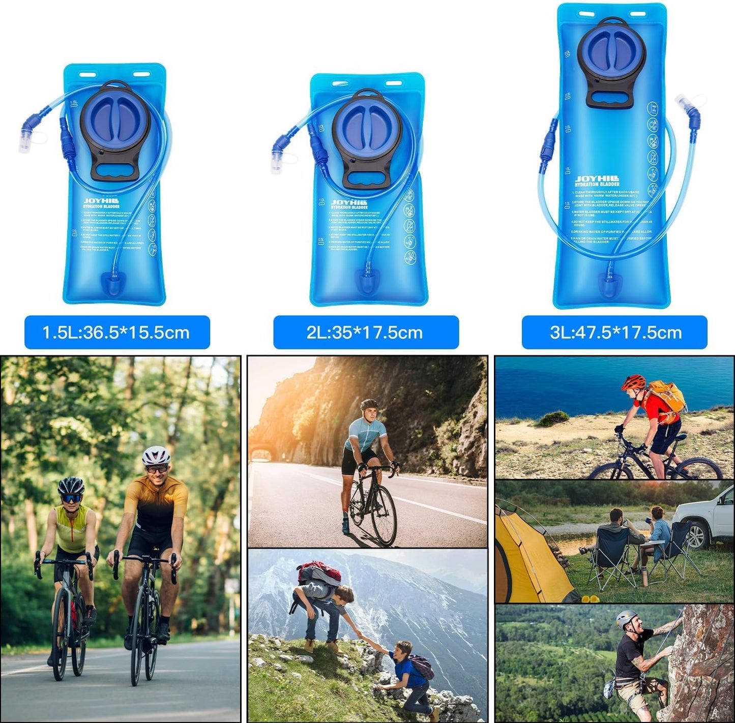 JOYHILL TPU Hydration Bladder,1.5L 2L 3L Water Bladder for Hiking Backpack BPA Free Leak Proof Hydration Pack