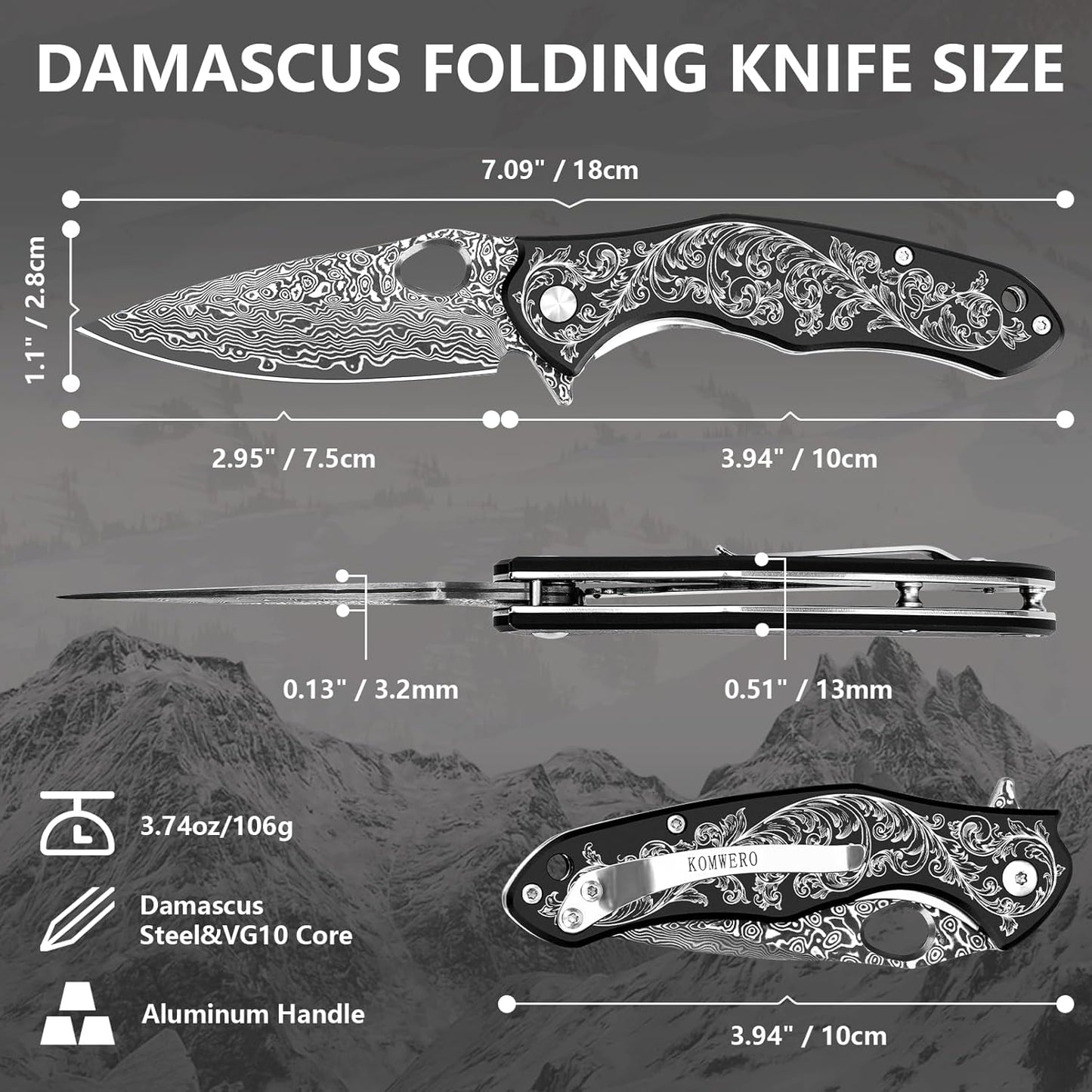 KOMWERO Damascus Pocket Knife with 2.95" VG10 Steel Blade, Folding Knife with Aluminum Alloy Non-Slip Handle, EDC Knife with Leather Sheath and Pocket Clip for Men Women Camping Survival Hiking