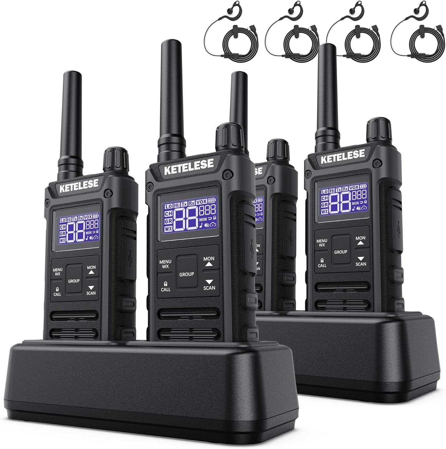 KETELESE T3G IP67 Waterproof Walkie Talkies Rechargeable, Heavy Duty 2 Way Radios with Earpiece and Mic, Dock, USB, NOAA Weather Alert, Group PTT (4 Pack), Black/Grey
