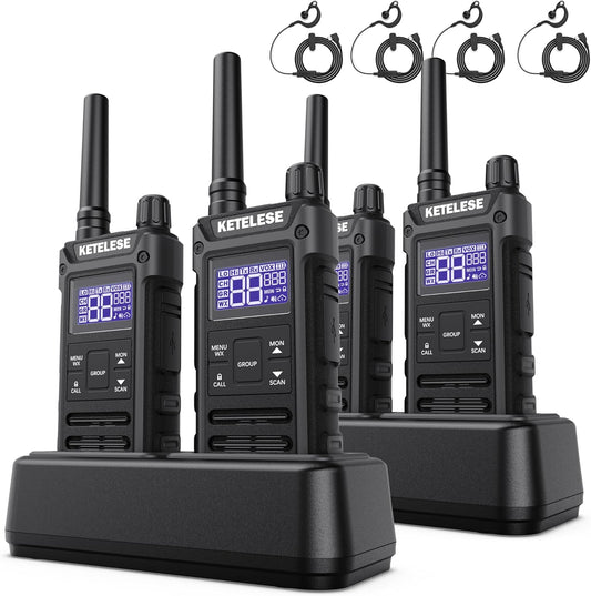 KETELESE T3G IP67 Waterproof Walkie Talkies Rechargeable, Heavy Duty 2 Way Radios with Earpiece and Mic, Dock, USB, NOAA Weather Alert, Group PTT (4 Pack), Black/Grey