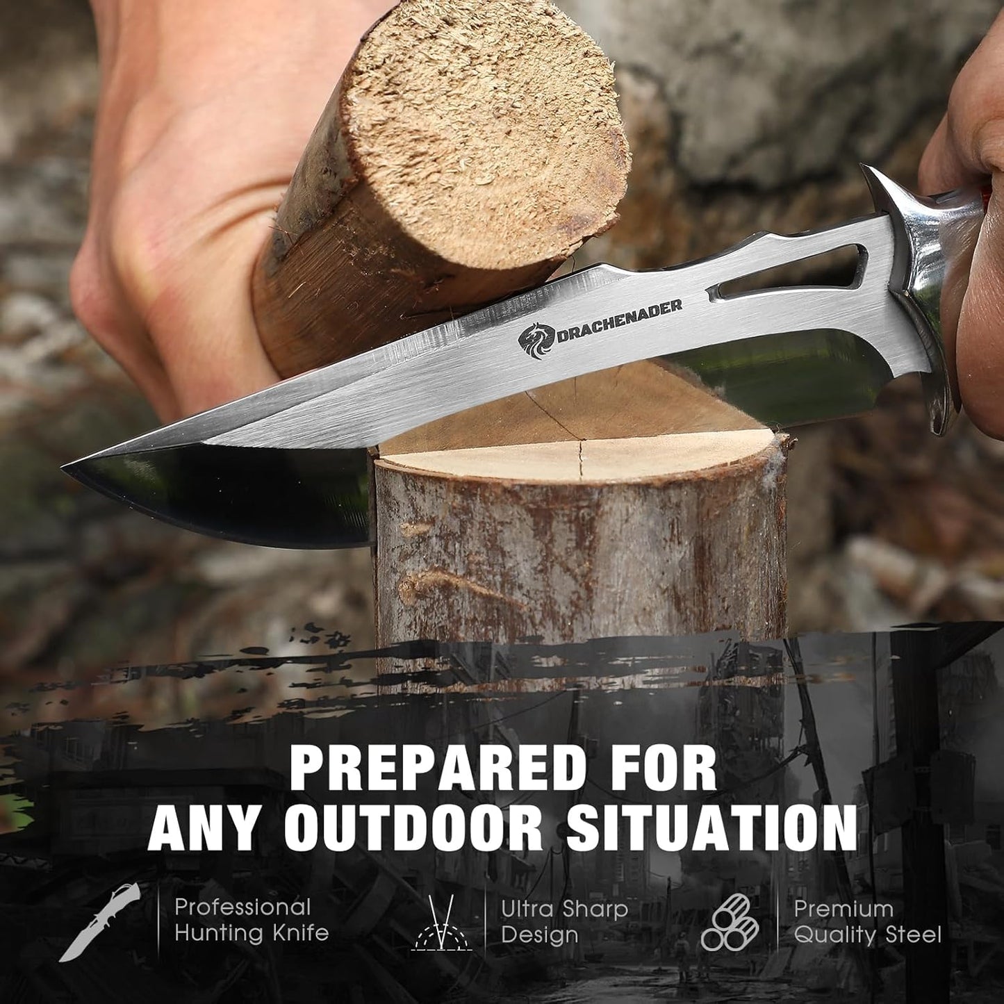 10.24" M390 Knives Hunting Knife Fixed Blade with Leather Sheath, Bushcraft Full Tang Knife Non-slip Red Coloured Wooden Handle