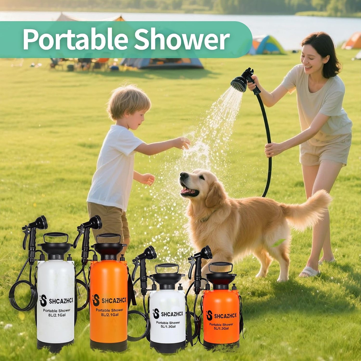 1.3 Gallon/5L Portable Shower with 10 Spray Modes, No Power Needed, Multi-use Sprayer for Camping & Beach Shower, Hiking, Pet Bath, Car Washing, Plant Spraying, Orange
