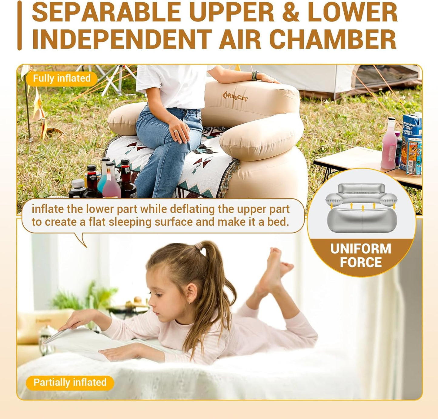 KingCamp Inflatable Couch for Camping, Portable Foldable Eco-Friendly Reach-Certified PVC Liner Air Lounger Blow Up Sofa with Foot Pump, Pegs, Repair Kit & Removable Cover