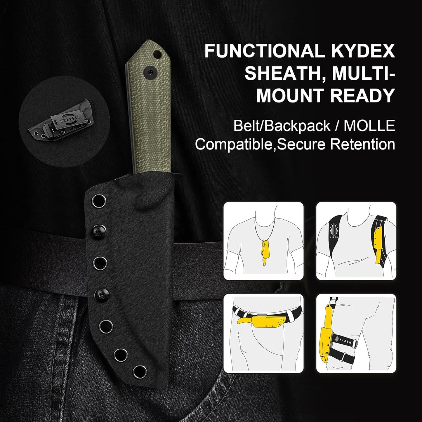 Kizer Harpoon Fixed Blade Knife with Sheath, 3.88” D2 Fixed Blade EDC Knife with Micarta Handle for Hunting, Camping, Hiking, Survival 1040M4