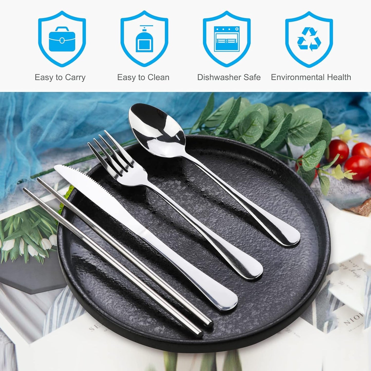10PCS Portable Silverware Set with Case, Lengnoyp Travel Camping Utensils Set, Premium Stainless Steel Travel Cutlery Set, Reusable Safe Flatware Sets for Lunch Box/Workplace/Students, Silver