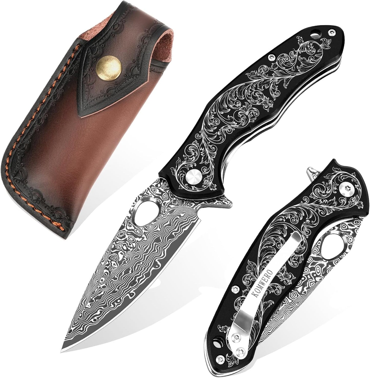 KOMWERO Damascus Pocket Knife with 2.95" VG10 Steel Blade, Folding Knife with Aluminum Alloy Non-Slip Handle, EDC Knife with Leather Sheath and Pocket Clip for Men Women Camping Survival Hiking