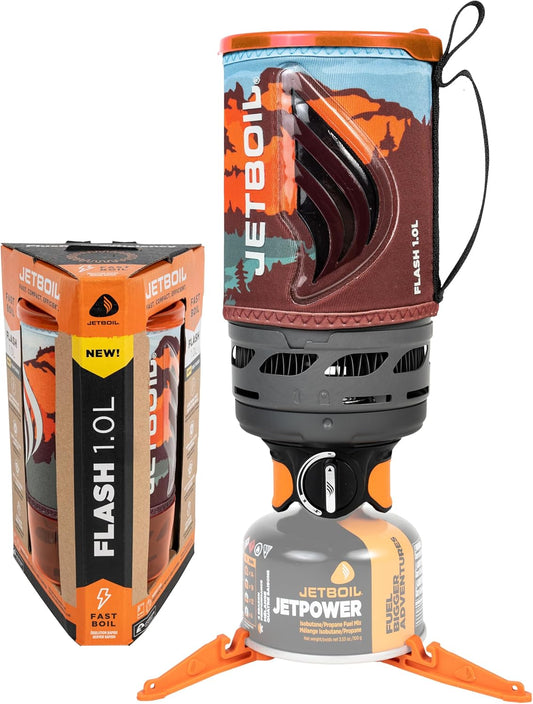 Jetboil Flash 1.0L Portable Fast Boil Stove for Camping and Backpacking with 1-Step Auto Ignition, New for 2025, Propane/Isobutane Burner with Cooking Cup