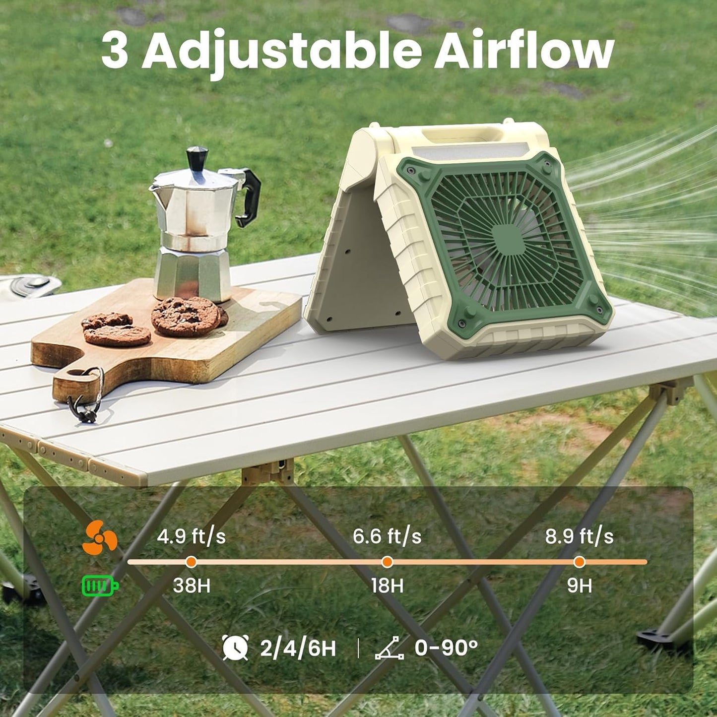 KITWLEMEN 10.2 Inch Solar Camping Fan with Light- Rechargeable Battery Operated Fan, 38H Run Time, 3 Speed, 6H Timer, SOS Signal, Portable Desk Fan for Camping Fishing RV Trips Hurricane Power Outage