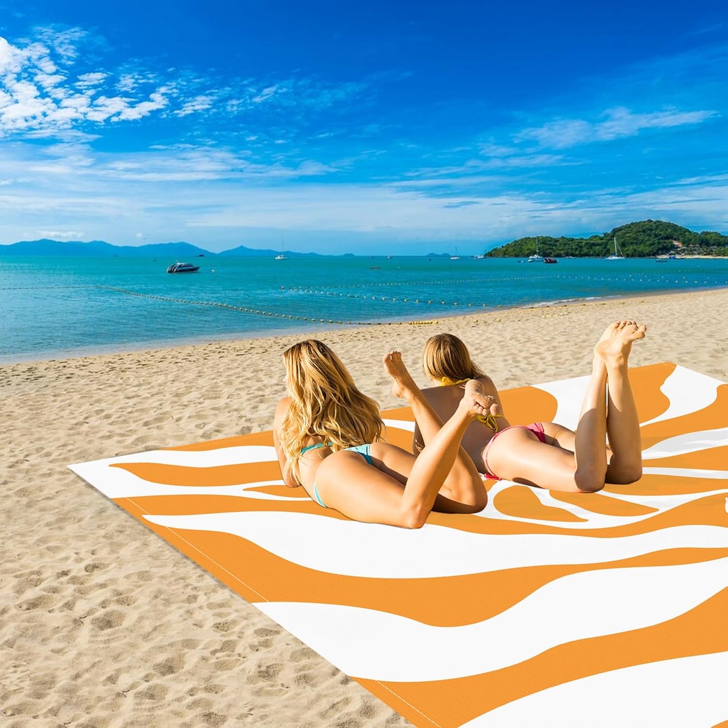 110''×118'' Waterproof Sandproof Beach Blanket 8 Adults, Sand Free Boho Sun Outdoor Beach Mat with 4 Stakes, Extra Large Compact Picnic Pockets Blanket Essential for Travel, Camping, Summer Vocation