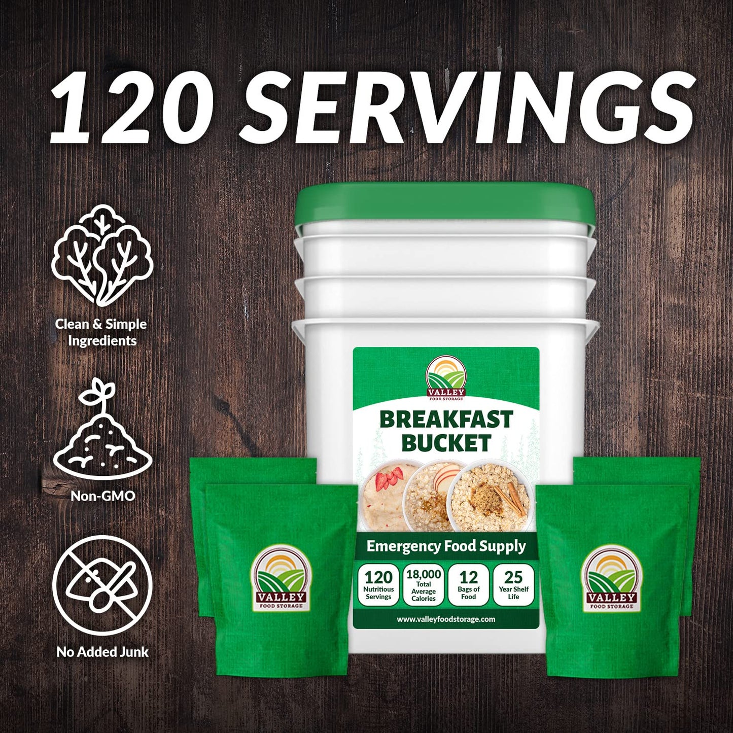 120 Serving Breakfast Bucket | Premium Emergency Food Supply | Easy Prep Survival Food 25 Year Shelf Life | Camping Food, Backpacking Meals, Prepper Supplies | Valley Food Storage Packaged in USA